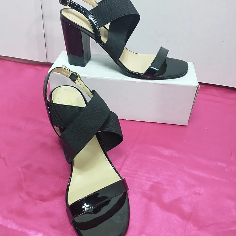 Liz Claiborne Womens SZ 11M Refined Comfort Black Strappy Block Heels .